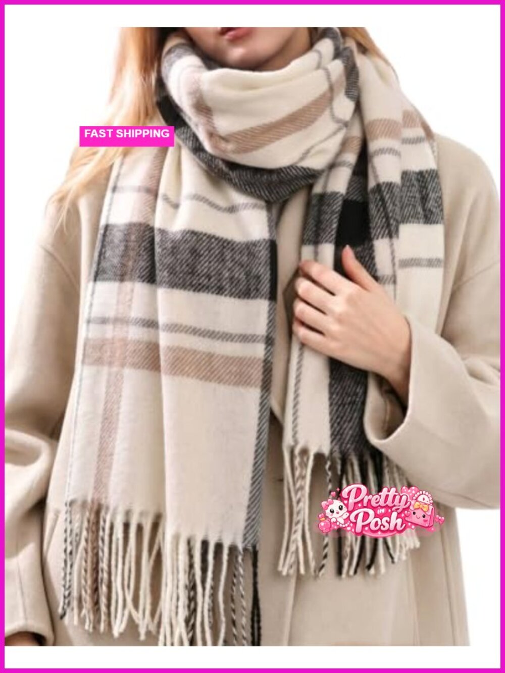 Winter Warm Plaid Oversized Scarf Shawl Wrap with Fringe, Soft Cold Weather